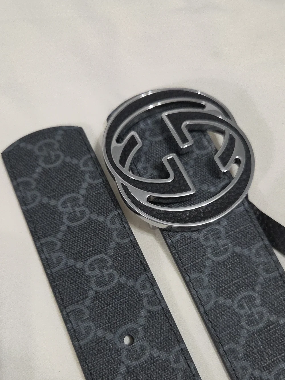 Gucci Black Leather Monogram Belt Silver Double GG Buckle